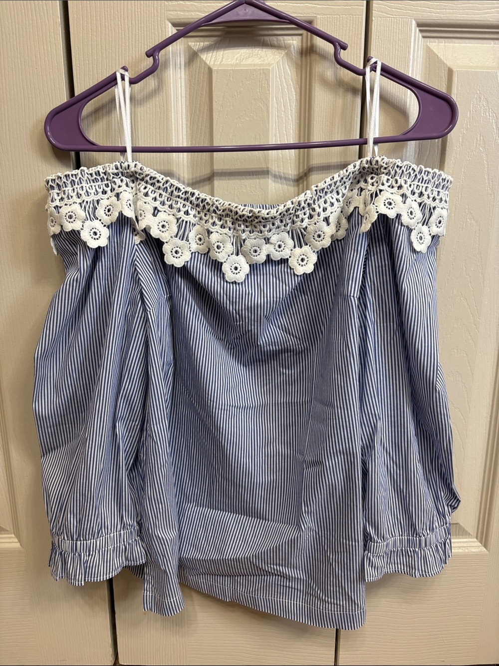 Elle Blue and White Striped Off-Shoulder Top with White Crochet